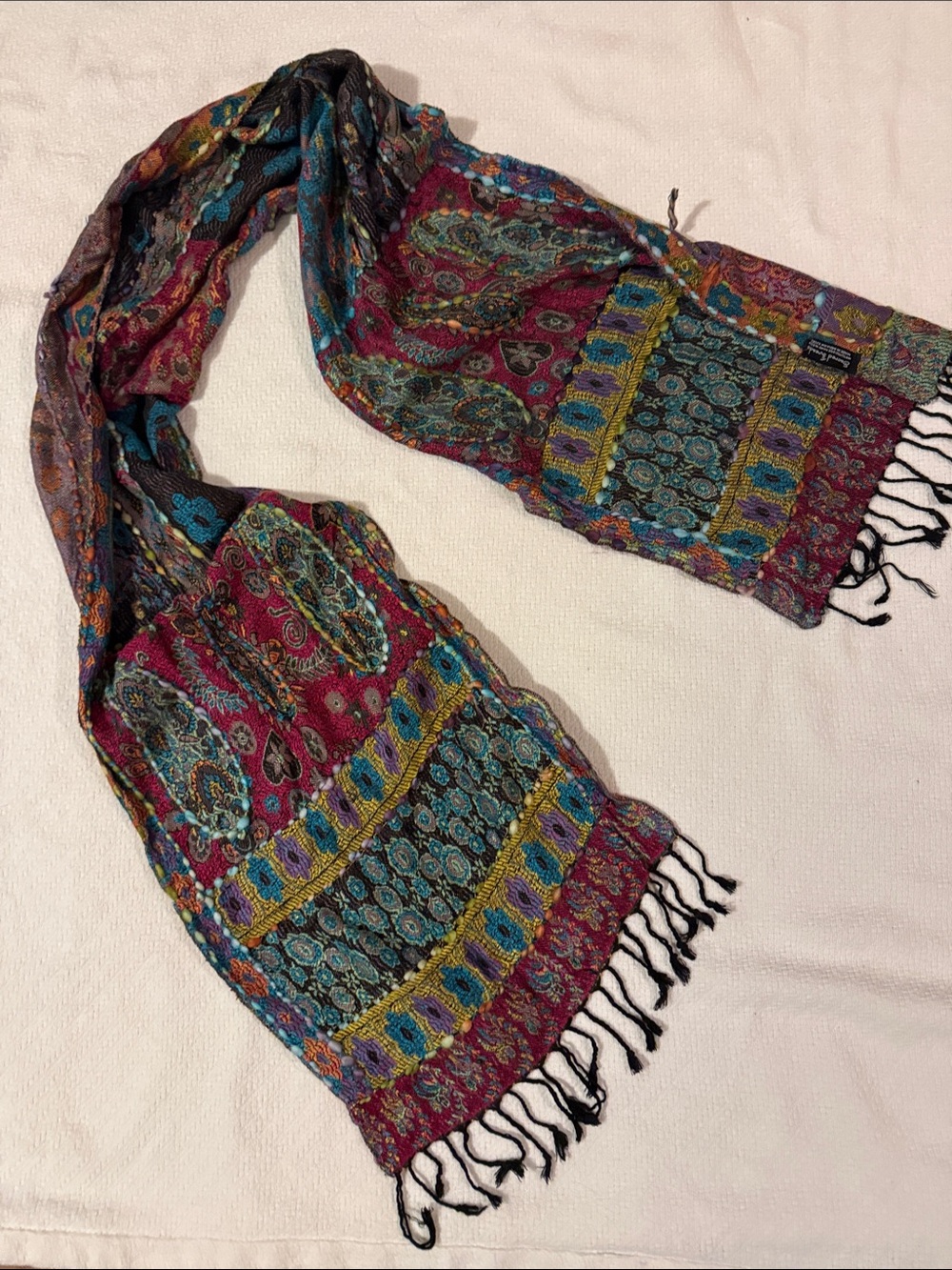 Sacred Threads Multicolor Paisley Fringe Scarf - Magenta, Teal, Gold, Black